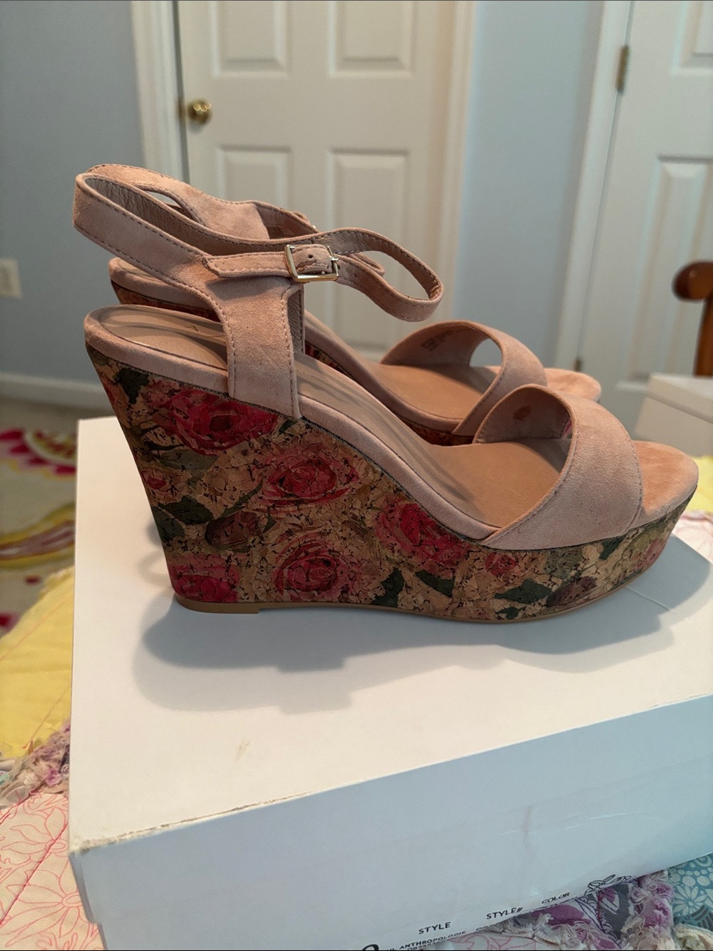 Anthropologie Blush Suede Wedge Sandals with Floral Cork Platform